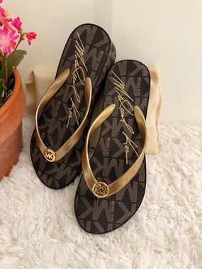 Michael Kors Black & Gold Logo Thong Sandals